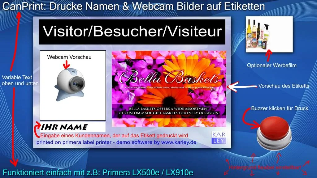 CanPrint Kiosk-Oberfläche mit Webcam-Vorschau, Namenseingabe und Buzzer