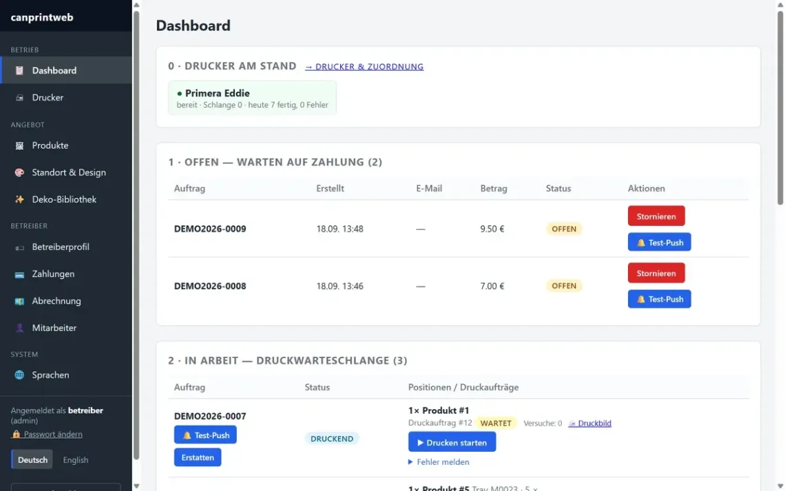 canprintweb Dashboard mit offenen Aufträgen und Druckwarteschlange